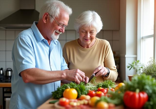 An active and happy older couple preparing a healthy meal together, symbolizing senior wellness and vitality.
