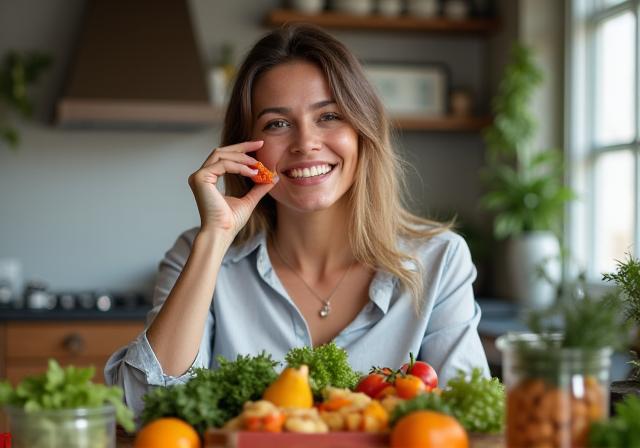 A woman smiling and enjoying a healthy meal, representing women's health and hormonal nutrition.